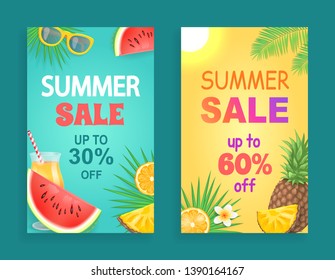 Summer sale offers posters set vector. Proposals and clearance, pineapple fruit slice and alcoholic cocktail with watermelon. Palm tree leaves foliage