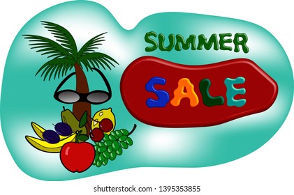 Summer sale on the background of a stylized palm tree, a set of fruits for commercial activities on summer sales. Vector illustration.