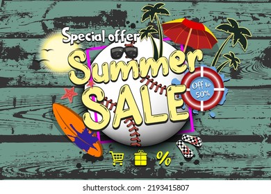 Summer sale on baseball theme. Special offer. Off to 50 percent. Pattern for design poster, logo, emblem, banner. Vector illustration on isolated background
