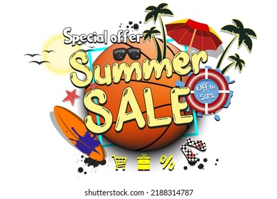 Summer sale on basketball theme. Special offer. Off to 50 percent. Pattern for design poster, logo, emblem, banner. Vector illustration on isolated background