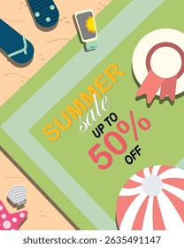 Summer sale on the beach with hat, sandals, towel, seashell, starfish, sunscreen, and beach ball. Poster, flyer, header, and card.