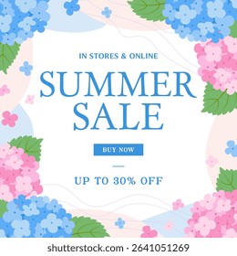 Summer Sale on Hydrangea flowers frame collection vector illustration. Summer flower 