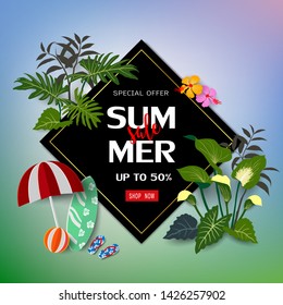Summer sale on nature background,exotic design with tropical flowers and leaves for banner,flyer,poster,website,voucher discount,invitation or greeting card,vector illustration