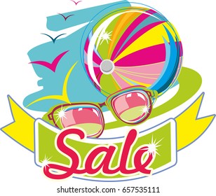 Summer sale on a poster with a summer pattern with sunglasses and a beach ball. Sea, beach, sun on a sea background with an inscription summer weekends and holidays.