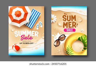 Summer Sale on sand beach poster flyer two holiday design collections background, Eps 10 vector illustration
