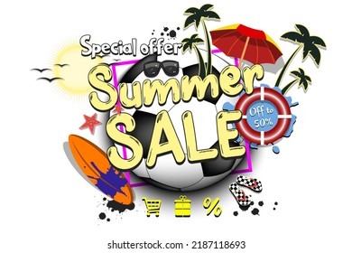 Summer sale on soccer theme. Special offer. Off to 50 percent. Pattern for design poster, logo, emblem, banner. Vector illustration on isolated background