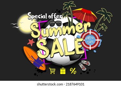 Summer sale on soccer theme. Special offer. Off to 50 percent. Pattern for design poster, logo, emblem, banner. Vector illustration on isolated background