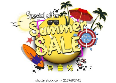 Summer sale on tennis theme. Special offer. Off to 50 percent. Pattern for design poster, logo, emblem, banner. Vector illustration on isolated background