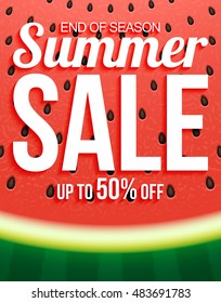 Summer sale on watermelon surface texture with seeds. Vector illustration for banner, poster, flyer, card, postcard, cover, brochure.