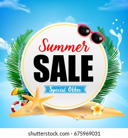 Summer sale on white circle frame with Starfish flower palm leaf sand with copyspace and summer beach element over cloud and blue sky background vector illustration