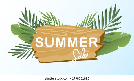 Summer sale on wooden with palm leaf on blue background , illustrations vector EPS 10