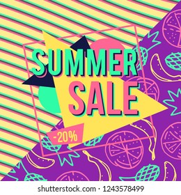 Summer sale. Online shopping banner with discount offer. Promotional design poster. Minimal striped and hand drawn citrus fruits bananas, pineapples, oranges and grapefruits on vector background.