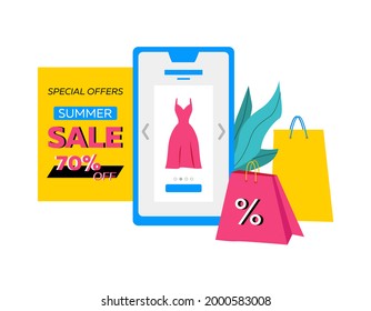 Summer sale. Online shopping banner design template. Vector mobile phone.