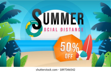 Summer sale online social distance design with tropical beach Colorful background layout banners. Decorate ball, red surfboard, orange umbrella, swim ring and palm leaf.Vector illustration template.