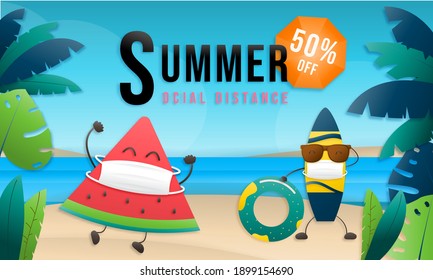 Summer sale online social distance design with tropical beach Colorful background layout banners. watermelon and surfboard wearing mask face. Brown sunglasses, Swim ring, and palm leaf.