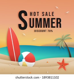 Summer sale online with tropical beach Colorful background layout banners. surfboard, ball, hat, and palm tree. Promotion hot sale summer discount offer. Concept of seasonal vacation.