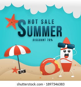Summer sale online with tropical beach sky background layout banners. surfboard, camera, swim ring, and umbrella. Promotion hot sale summer discount offer. Concept of seasonal vacation.