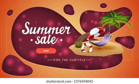 Summer sale, orange discount banner with modern design for your website with palm tree, hammock and beach umbrella