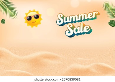 Summer Sale With Palm Leaves On Beige Background. Vector Illustration For  Hot Summer Vibe, Vacation, Party, E-commerce Etc.