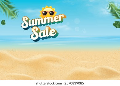 Summer Sale With Palm Leaves On Gradient Sky Background. Vector Illustration For  Hot Summer Vibe, Vacation, Party, E-commerce Etc.