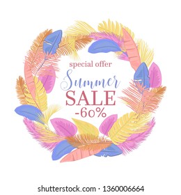 Summer sale palm leaves round frame. Tropical leaves frame for summer sale design.