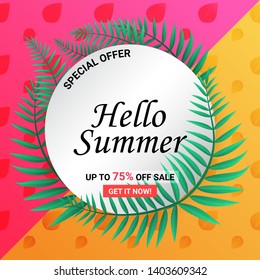 Summer Sale Palm Leaves Round Frame Colorful Pattern Colorful Background 