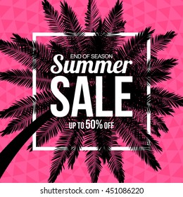 Summer sale with palm on triangle background. Easy to change background color. Vector background for banner, poster, flyer, card, postcard, cover, brochure.