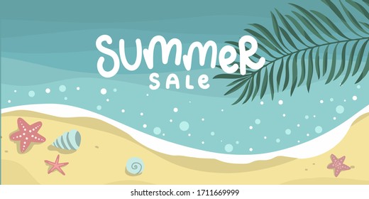 summer sale palm tree, shells and starfish, water and beach, lettering hand drawing calligraphy, vector 
