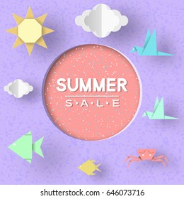 Summer Sale. Paper Concept Origami Symbols and Typographic Text illustrate the Advertising Coupon. Fashion Background. Template for Banner, Card, Logo, Poster, Emblem. Vector Illustrations Design.