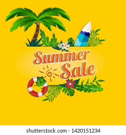 Summer sale paper cut with beach theme and floral decoration on yellow background