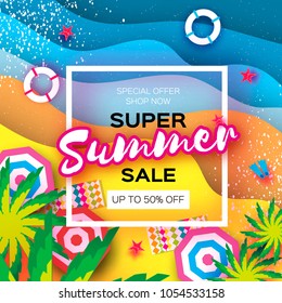 Summer Sale in paper cut style. Origami Beach rest. Summer vacantion poster. Top view on colorful beach elements. Square frame. space for text.