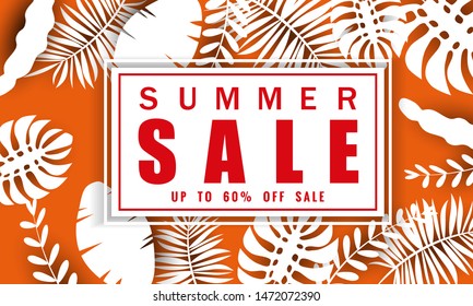 Summer sale paper cut style, banner template for seasonal sales with tropical leaves flowers background, color exotic floral design banner, flyer, invitation, poster. Vector illustration