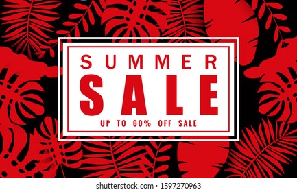Summer sale paper cut style, banner template for seasonal sales with tropical leaves flowers background, color exotic floral design banner, flyer, invitation, poster. Vector illustration