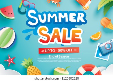 Summer sale with paper cut symbol and icon for advertising background. Art and craft style. Use for ads, banner, poster, card, cover, stickers, badges, illustration design.