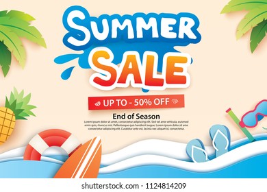 Summer sale with paper cut symbol and icon for advertising beach background. Art and craft style. Use for ads, banner, poster, card, cover, stickers, badges, illustration design.