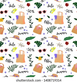 Summer Sale Pattern. Vector Isolated Graphic Design Element. Tropical, natural, jungle. Banana, palm leaves, flowers, signs, script, text, fern. Floral, botanical. organic, flat, simple, clear style