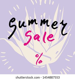 Summer sale picture calligraphic hand lettering on summer tropical plants abstract background. Bright and attractive. Vector template internet banner, showcase, poster for sales promotion.
