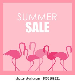 Summer sale pink background and pink flamingo.