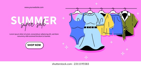 Summer sale pink banner concept. Fashionable and trendy clothes on hangers. Electronic commerce and marketing. Discounts and promotions on internet, online shop. Cartoon flat illustration