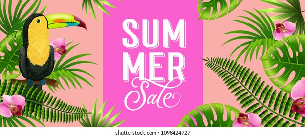 Summer sale pink banner design with palm leaves, tropical flowers and toucan bird. Text can be used for poster, labels, brochures.