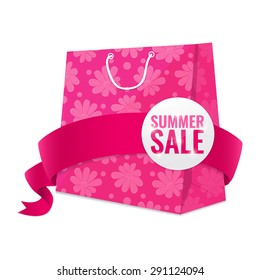 Summer sale pink shopping bag with flowers pattern and ribbon. Discount concept vector illustration.