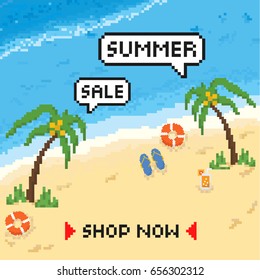 Summer sale pixel art style vector design for promotion with top of view the beach background and element. vector illustration