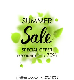 Summer sale placard template on green floral background.