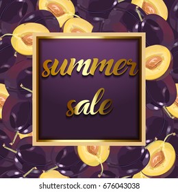 Summer sale. Plum vector image seamless tropical pattern. Fresh fruit vector illustration