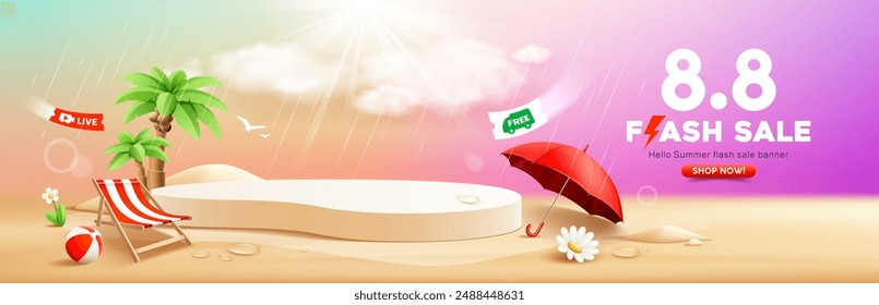 Summer sale, podium display, coconut trees, pile of sand, red umbrella, beach chair and beach ball, banner design, on cloud and sky colorful background, EPS 10 vector illustration
