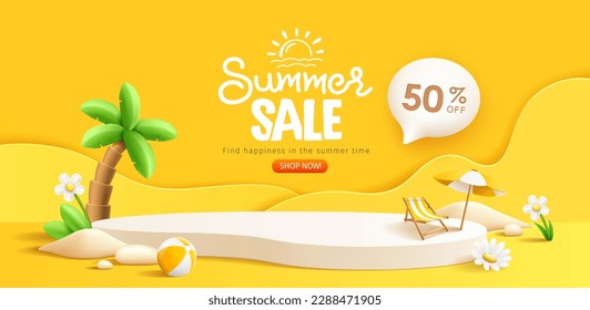 Summer sale podium display, pile of sand, flowers, beach umbrella, beach chair and beach ball, speech bubble space banner design, on yellow background, EPS 10 vector illustration
 - Shutterstock ID 2288471905