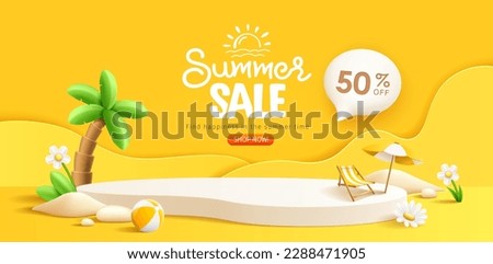Summer sale podium display, pile of sand, flowers, beach umbrella, beach chair and beach ball, speech bubble space banner design, on yellow background, EPS 10 vector illustration
