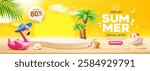 Summer sale podium display, Pink flamingo inflatable swimming pool, coconut trees, pile of sand, beach umbrella, banner design, cloud and sky on yellow background, EPS 10 vector illustration