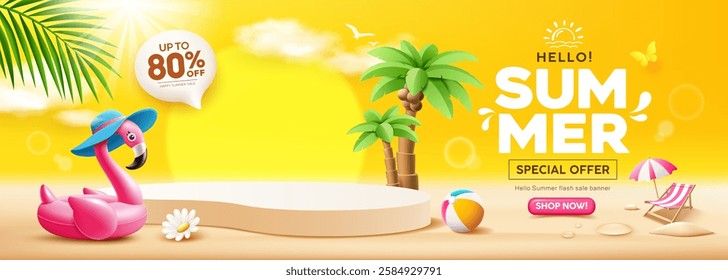 Summer sale podium display, Pink flamingo inflatable swimming pool, coconut trees, pile of sand, beach umbrella, banner design, cloud and sky on yellow background, EPS 10 vector illustration