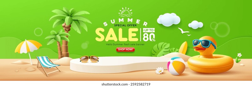 Summer sale podium, Duck yellow shaped inflatable ring, coconut tree, banner design, on sand beach and green background, EPS 10 vector illustration